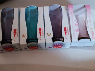  Mc Donalds Coca Cola Gläser 125 Jahre  2x Lila Purple+ 1x türkis+ 1x  rosa 2014