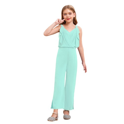 Kids Girls Sling Rompers V Neck Wide Leg Pants Cocktails Bodysuit Back Zipper - Picture 32 of 72