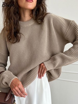 Women Solid Elegant Sweater Pullovers Chic O-neck Long Sleeve Knitted  Sweaters | eBay