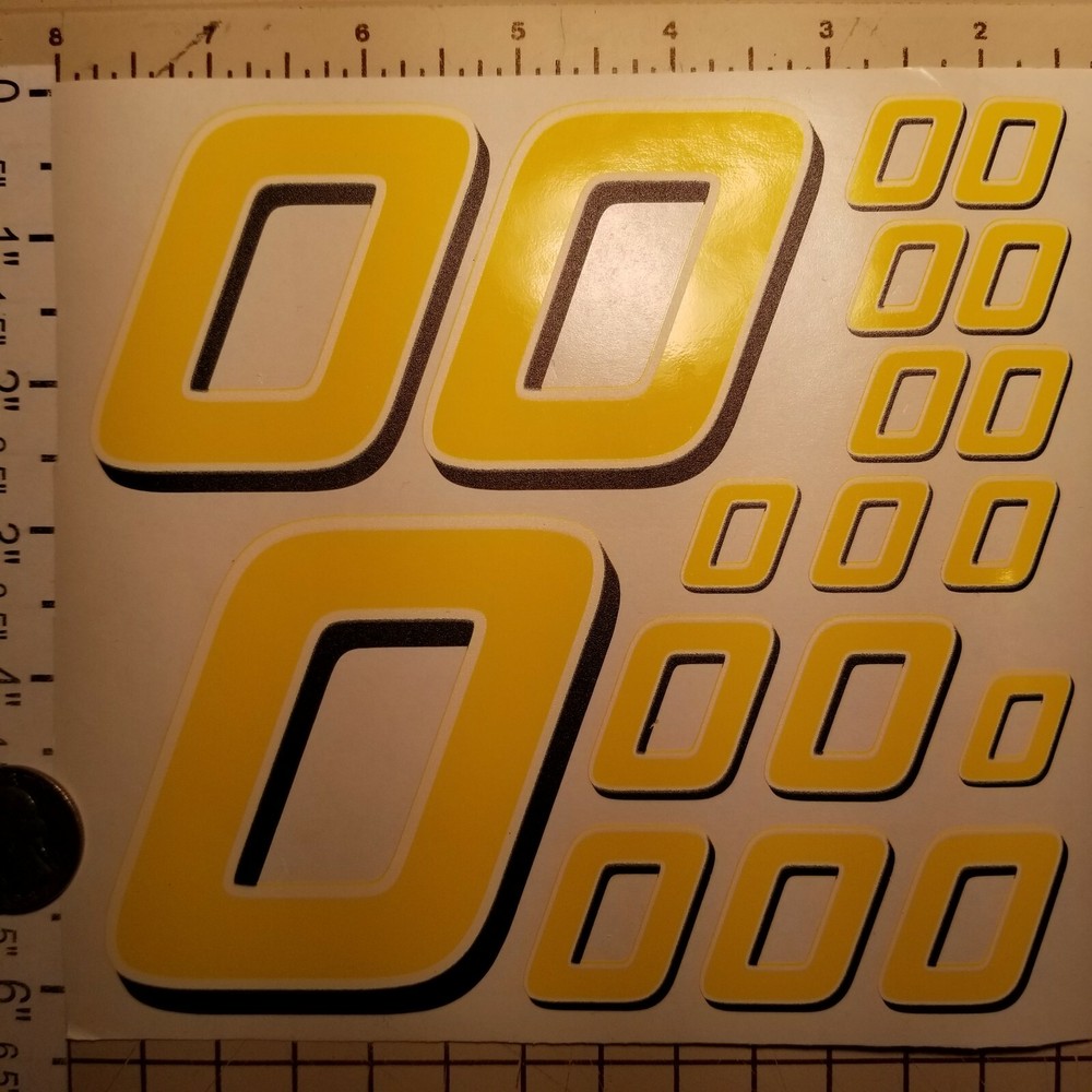 Yellow w/White & Black #0's  Racing Numbers Vinyl Decal Sheet 1/10-1/12 r/c car
