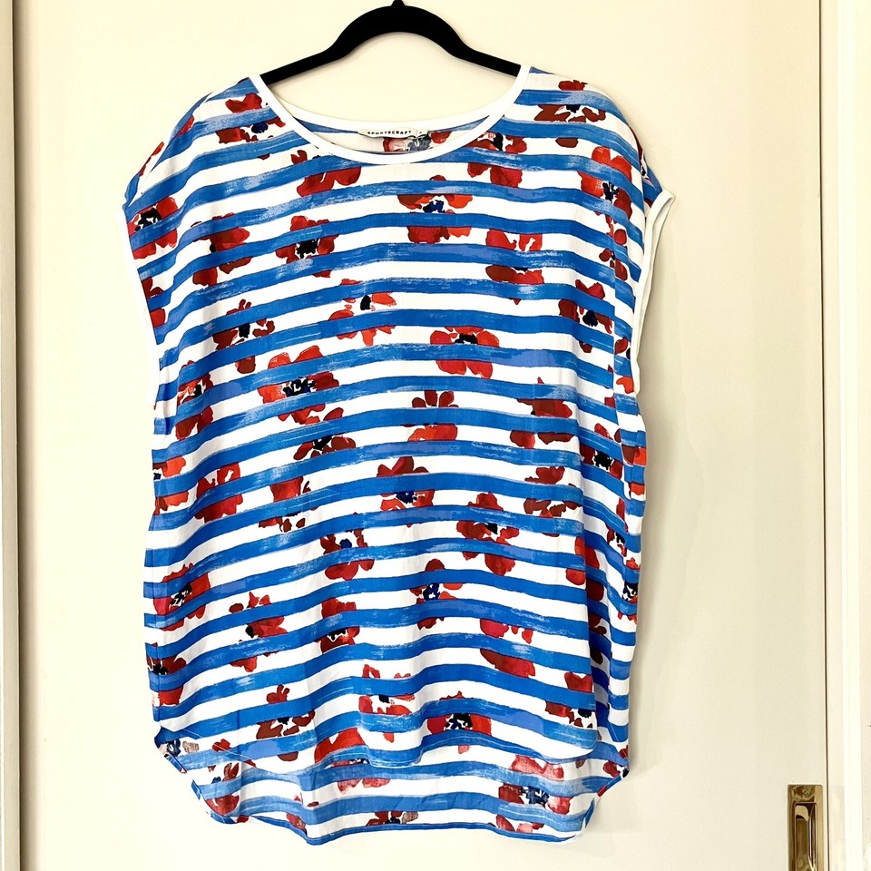 Sportscraft Cap Sleeve Tunic Blouse Sz 16 Blue Floral Striped Top Relaxed As New
