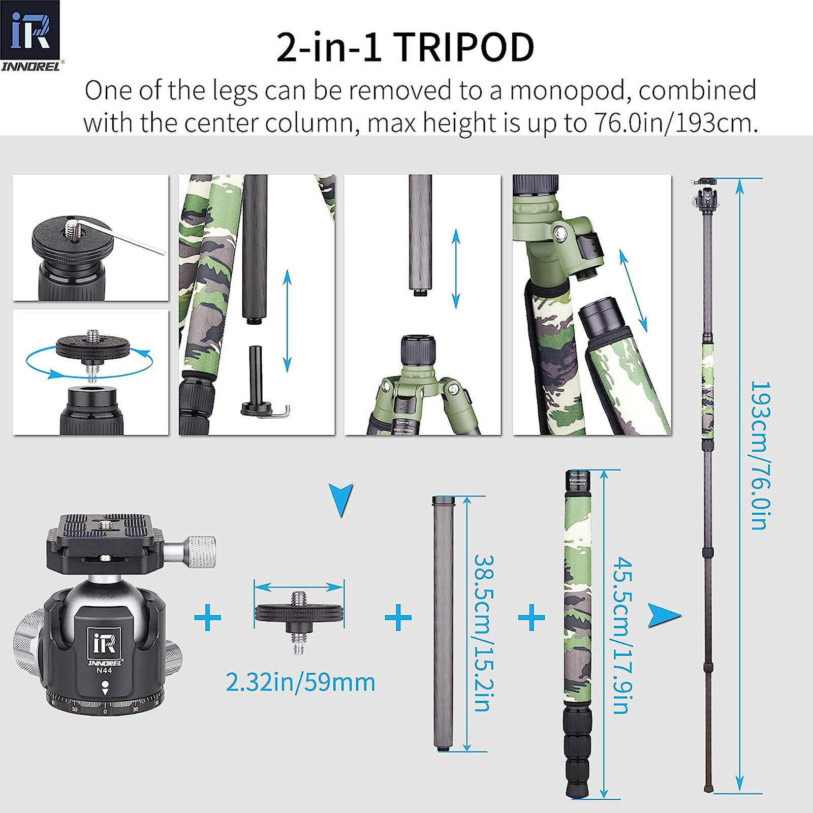 INNOREL Carbon Fiber 2-IN-1 Tripod Camera & Monopod RT85CG Pro Gamouflage Tripod