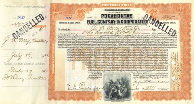 Pocahontas Fuel Co. Inc. - 1920's dated Virginia Coal Stock Certificate - Indian