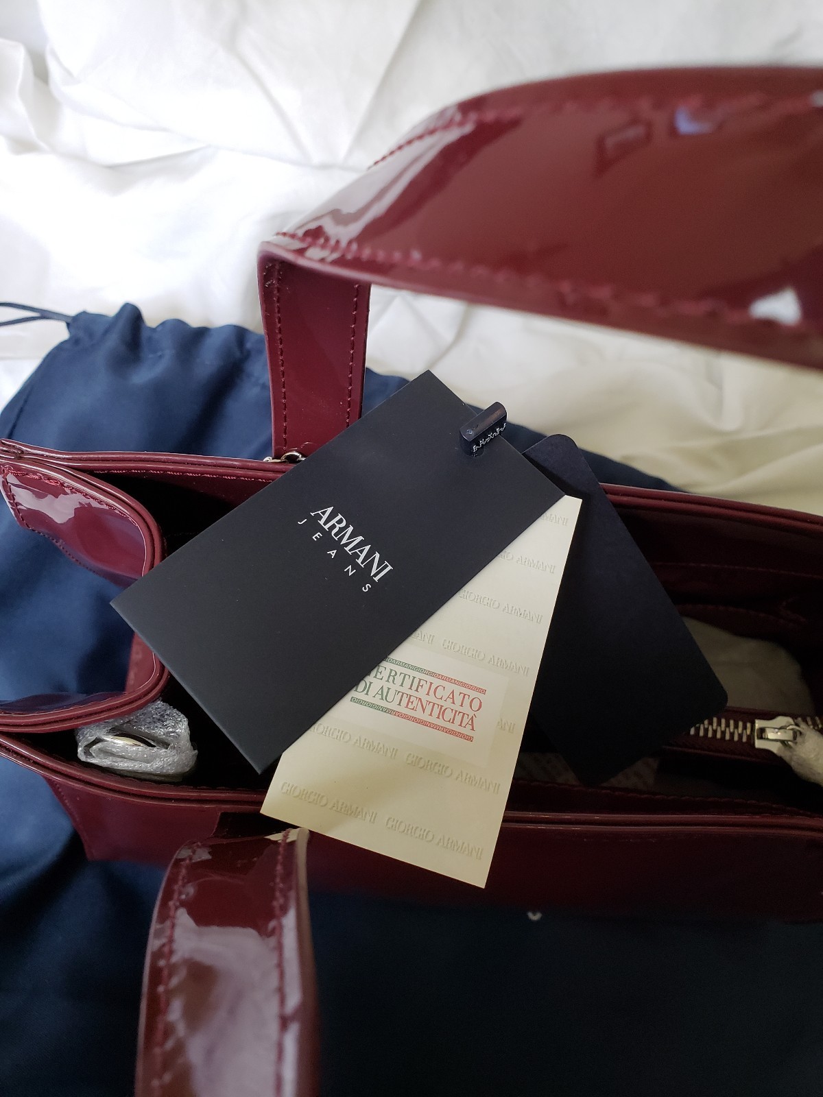 Beautiful ARMANI JEANS purse pvc burgundy women tote/shoulder with dust