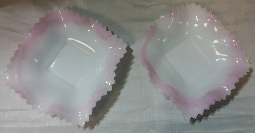 2 Vtg Diamond Cut Milk Glass w/Pink Petticoat Edge BonBon Dishes-Indiana Glass