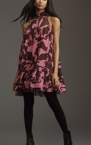 Anthropologie Maeve Minikleid Neckholder Schaukel Katzendruck rosa Größe M neu mit Etikett 🙂