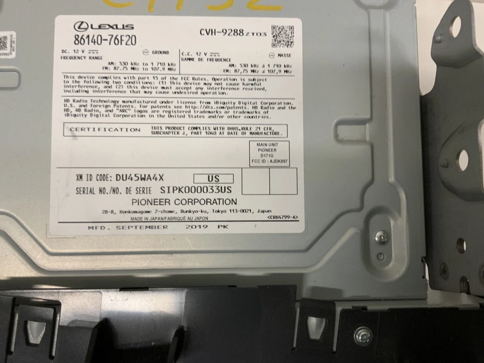 20-22 LEXUS UX200 UX250H RECEIVER RADIO COMPUTER CONTROL UNIT 8614076F20 - Image 2 of 3