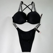 Victoria Secret 32B S Bombshell Push Up Top Bikini Set Shine Strap LOGO Black