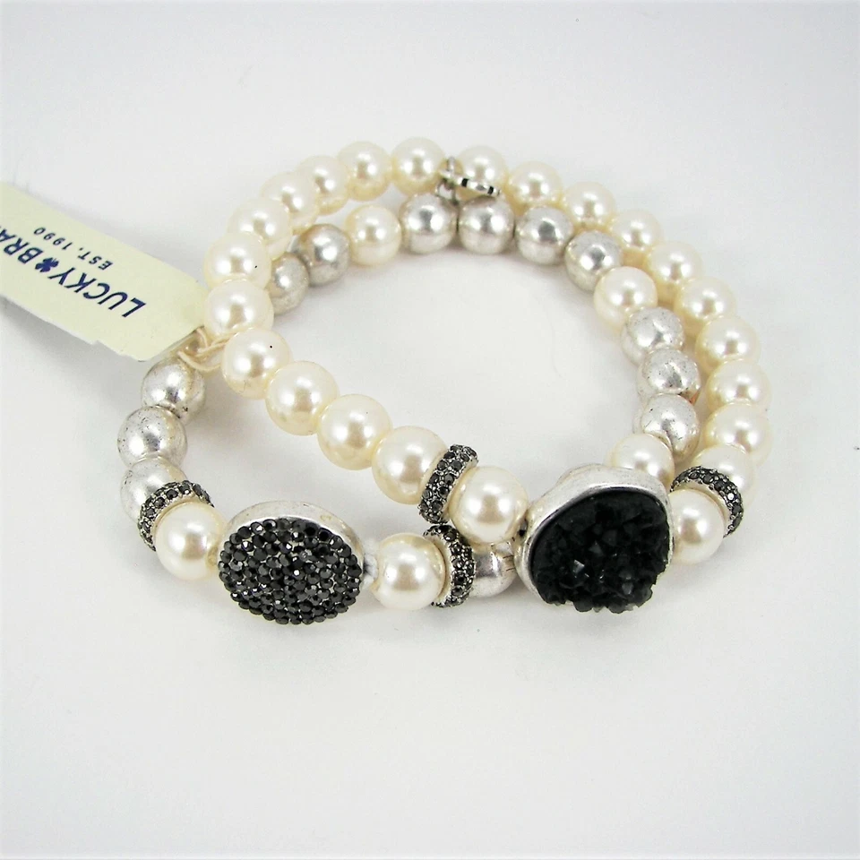 Juego de 2 brazaletes elásticos Lucky Brand piedra druzy cristal imitación perla tono plata Foto 2 de 4
