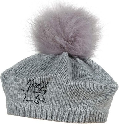 maximo girls' hat with rhinestones and faux fur pom-pom, grey/grey melange,...
