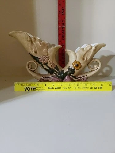 Vintage Hull Pottery Double Cornucopia Bow Knot Vase B-13 Hull Art Pink & Blue