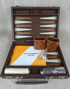 Vtg Travel Backgammon Complete Set Brown 11" x 8” Case Dice Chips Faux Leather