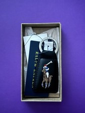 Ralph Lauren Polo Keychain Key Ring Fob Black Embossed Leather Multi Color Pony