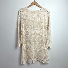 Crochet Lace Ivory Mini Dress Bell Sleeves Small Boho Cottagecore Feminine