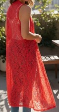 Red Lace Duster Kimono Sz M western rodeo cowgirl coverup sheer Boho Cardigan