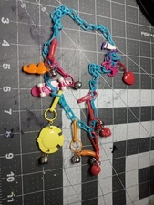 1980s Blue Plastic Bell Necklace Charms Dog Skateboard Fish Banana Apple Peach 