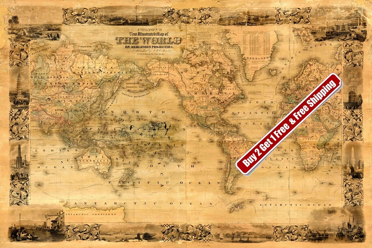 Vintage Reproduction 1800-1899 Antique World Maps & Atlases for