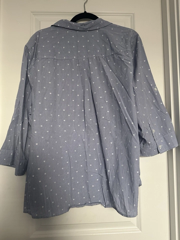 Blusa Croft And Barrow para mujer 3X con botones azul a lunares manga 3/4 Foto 3 de 4