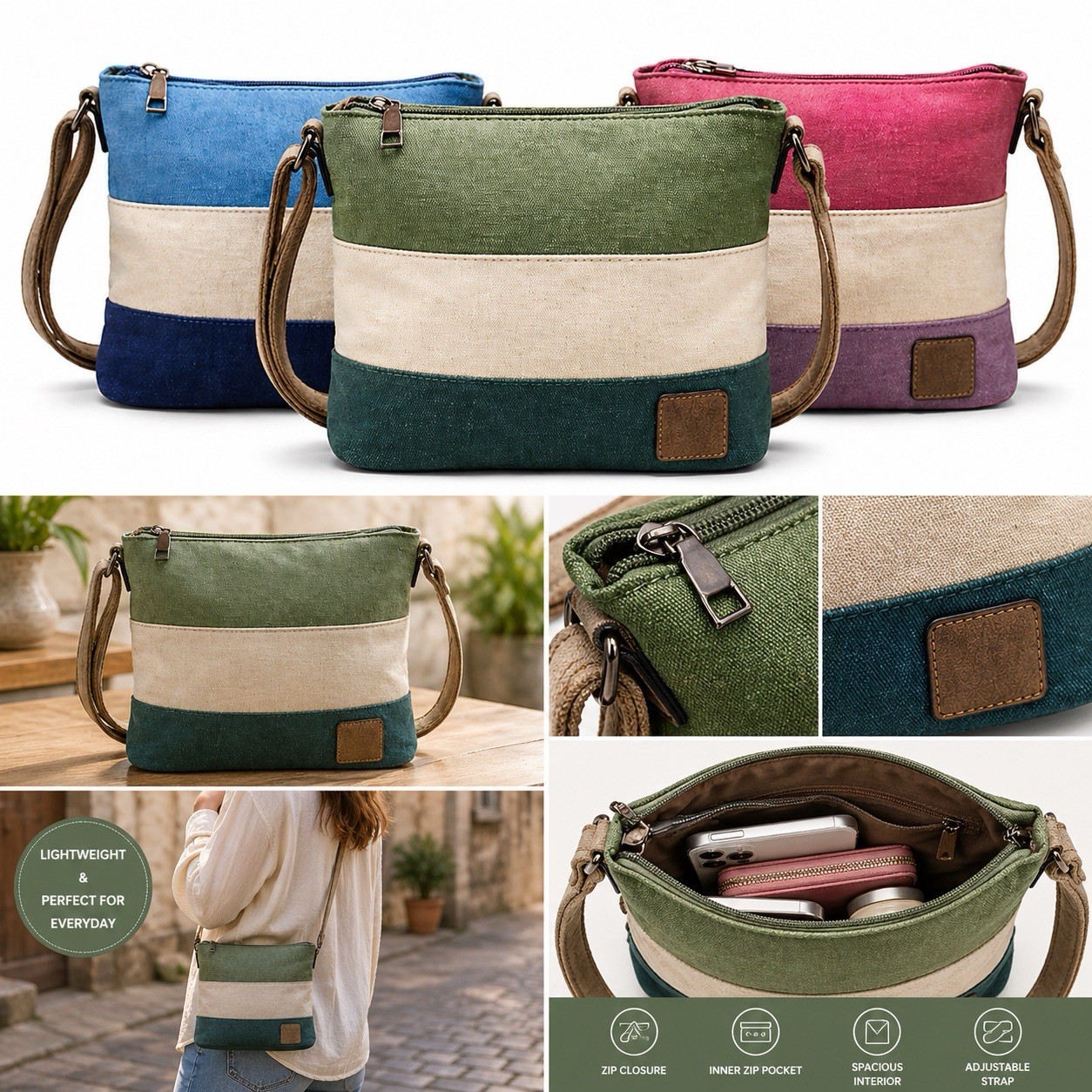 Bolso Bandolera de Lona NV Orchid 3 Tonos Pequeño con Cremallera Top Damas Bolso de Mano