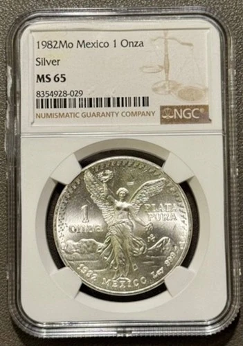 1982 1oz Silver Mexico Libertad - NGC MS65 - Mintage 1,049,680
