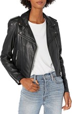 $595 Sz S Lamarque Black Donna Leather Moto Biker Cropped Jacket