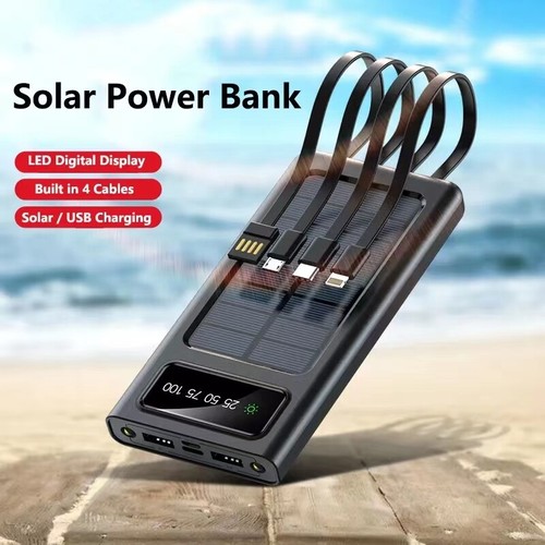 20000mAh Solar Power Bank Digital Fast Charging External Battery 4Cable USB LED - 第 1/16 張圖片