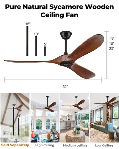 52" Ceiling Fans Without Lights, Solid Wood Ceiling Fan with Remote Control a... - 第 5/9 張圖片