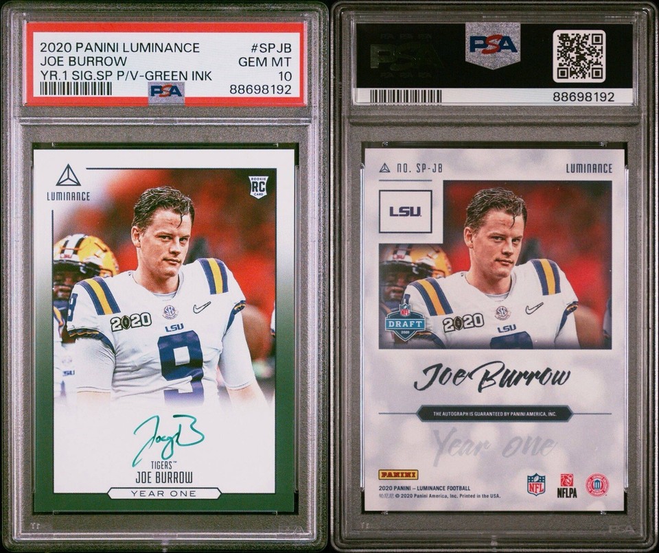 Joe burrow 2020 panini luminance year one auto rc sp green ink psa 10 