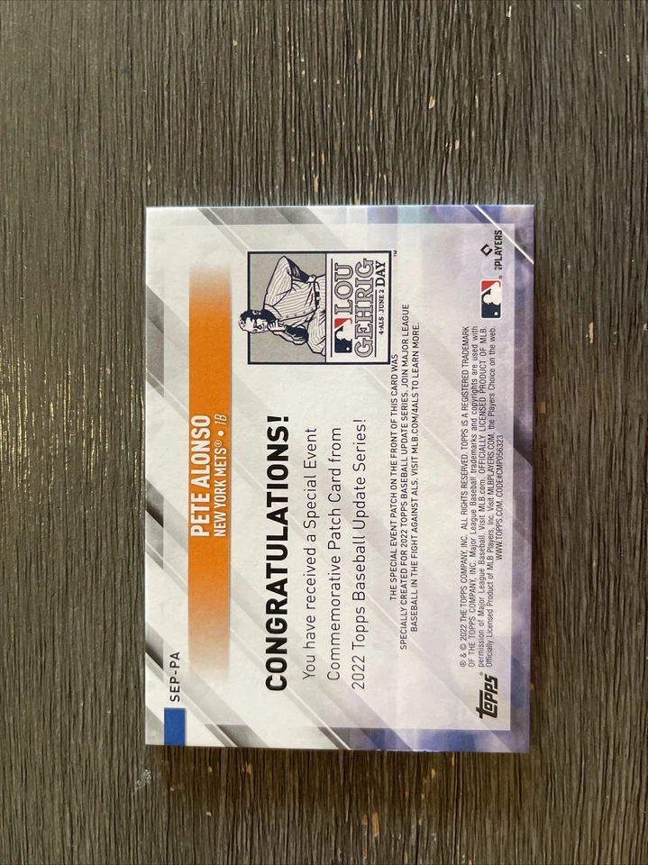 2022 Topps Update-Lou Gehrig Day Relic-Pete Alonso SEP-PA - Image 2 of 2
