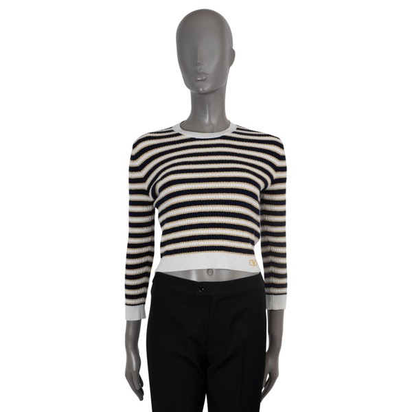 70549 Auth VALENTINO Black White Gold Wool 2022 LUREX STRIPE CROPPED Sweater L