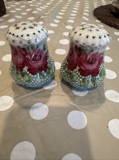 Victorian Antique Hand Painted Salt and Pepper Shakers Roses Gold Flowers Floral