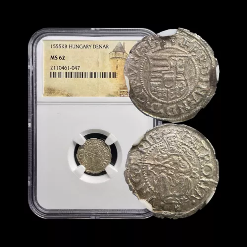 HUNGARY. 1555, Denar, Silver, KB - NGC MS62 - Ferdinand I, Madonna, Kremnica 047