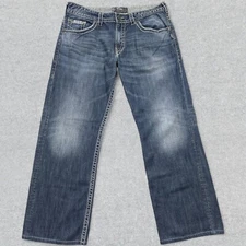 Silver Jeans Men's 38x31 Blue Gordie Denim Distressed Loose Fit Thick Stitch