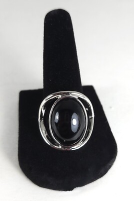 Large Elegant Black Oval Crystal Sphere Lab Created Gemstone Silver Plated Ring