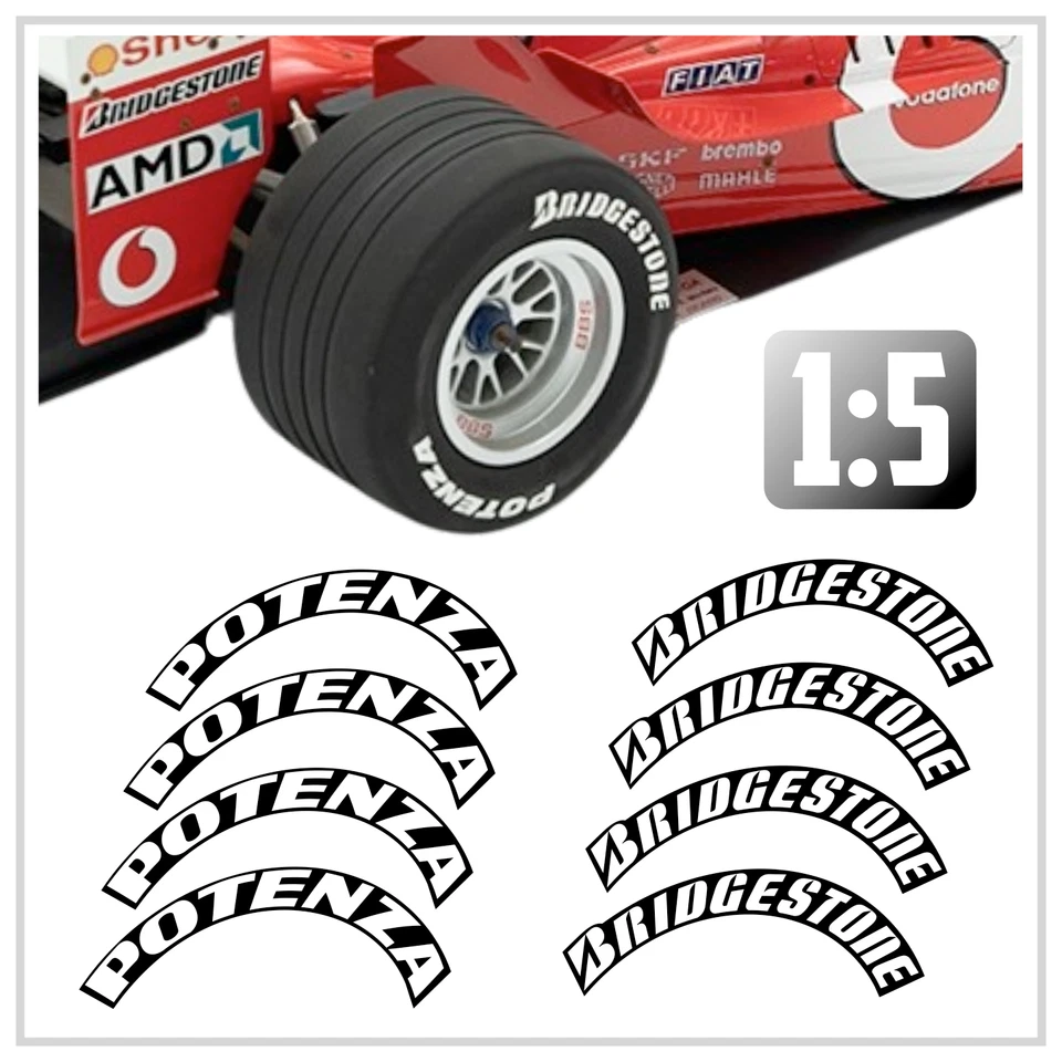 1:5 Reifenbeschriftung Markierung Bridgestone Potenza Aufkleber  8 teiliges  Set - Bild 3 von 3
