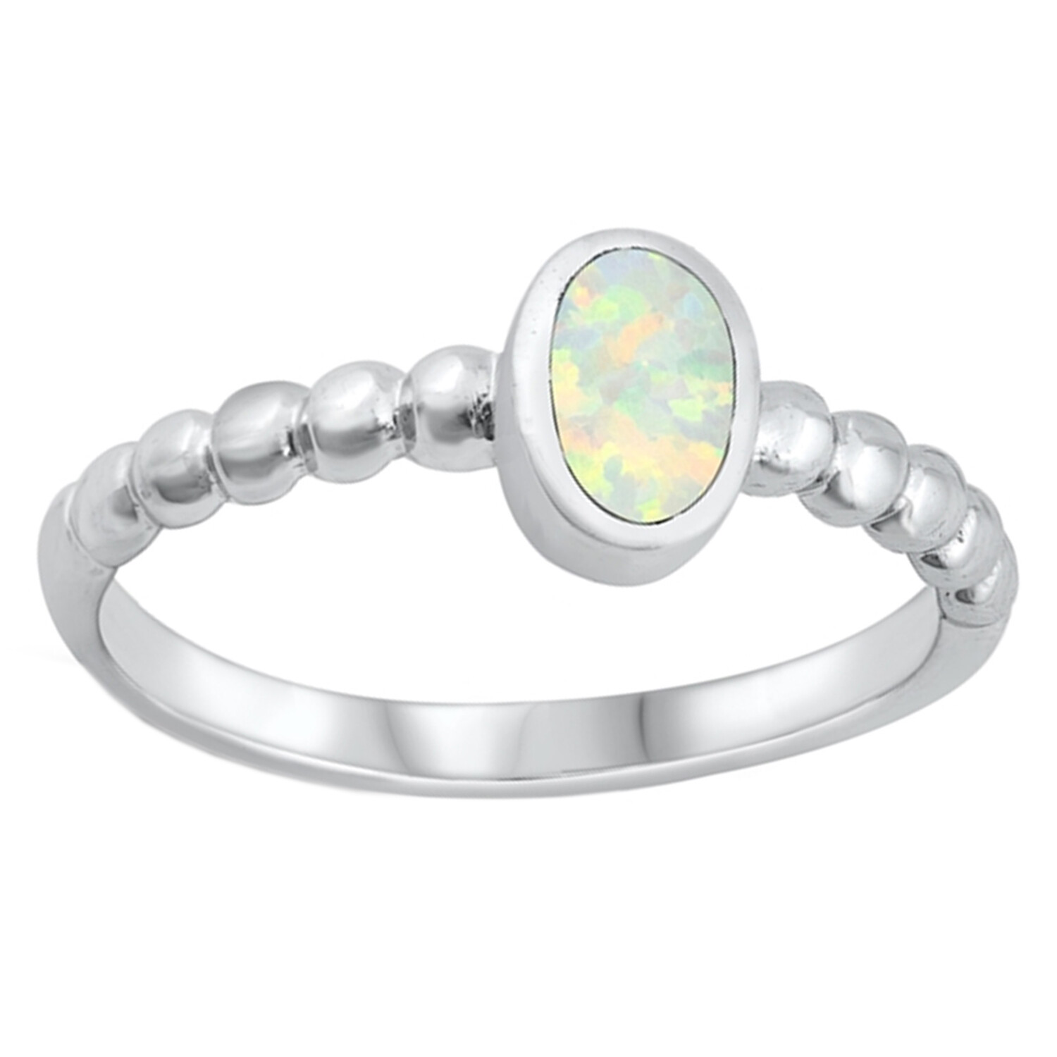 Lab-Created White Opal Half Beaded Oval Ring in 925 Sterling Silver, Size 5, 8mm