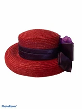 Red Hat Society Church Derby Ladies Straw Hat Purple Ribbon Flower Detail