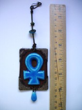 Vintage Egyptian Faience Ankh Hanging Amulet Metal Patina With Beaded Cord