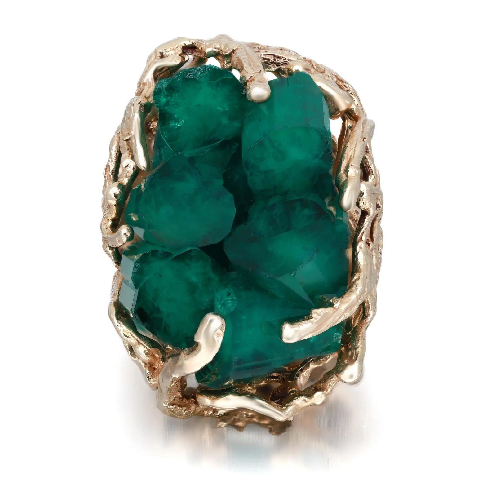 Raw Green Emerald Bold Cocktail Ring 14K Yellow Gold Size 4