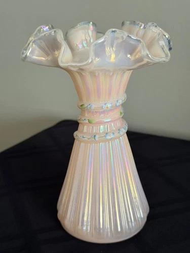 Fenton Glass Wheat Iridescent Champagne Vase Silver Crest 1960’s Signed