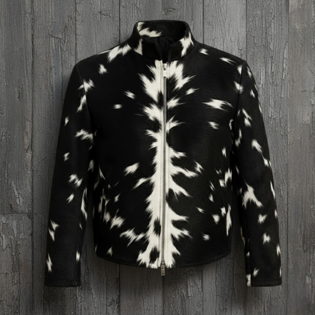 Striking Black and White Abstract Cowhide Zip-Up Genuine Leather Jacket