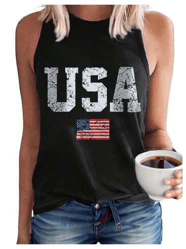 Women's Letter Print Round Neck Tank Top Sleeveless Casual Summer Patriotic T...
