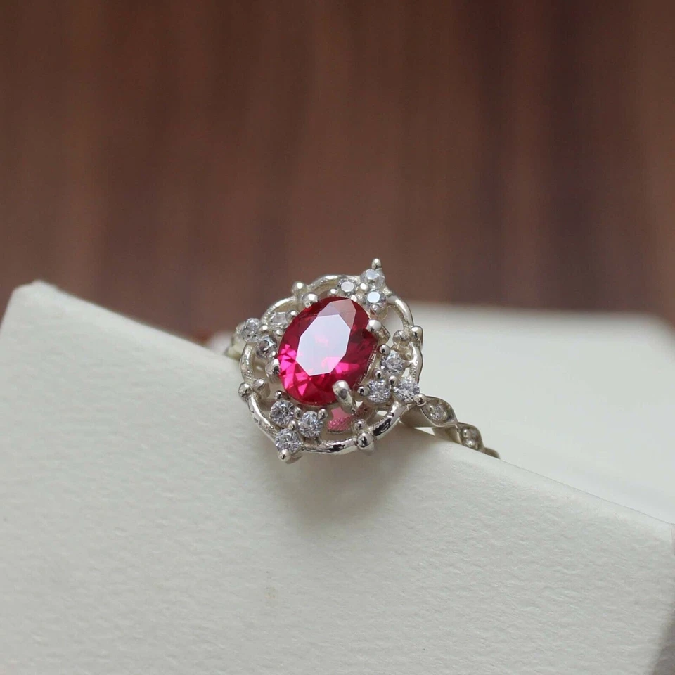 Ruby Gemstone Stackable Ring 925 Sterling Silver Lab Created Oval Cut Ring - Image 3 of 4