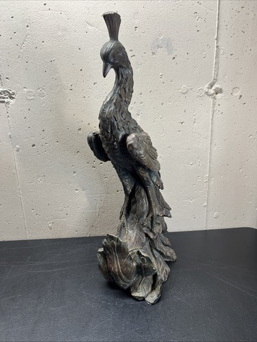 Bronze Color, Resin Long Tailed Peacock Standing Tall At 24.5” Statue Figurine  - Picture 6 of 13
