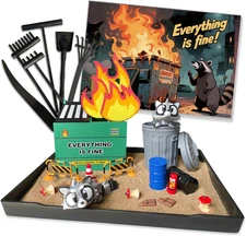 Dumpster Fire Zen Garden Desk Set - Trash Can & Raccoon Figurines Sand Tray Ther