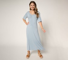 Liberare Women's Petite Dress PS Ruch Front Short Sleeve Midi Blue A692504