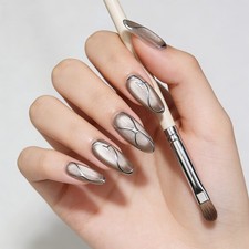 Futuristic Metallic Chrome Press On Nails, Handmade Grey Cat Eye Base Fals Nails
