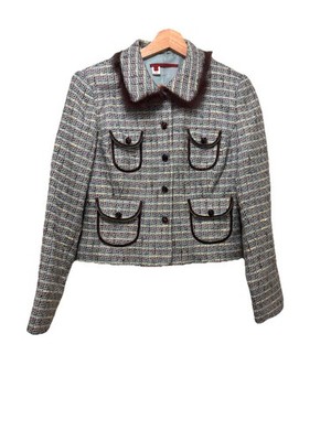 Anthropologie Tapemeasure Mint Green Tweed Blazer Fur Trim Petite Size 8p