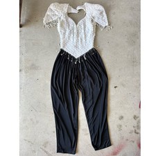 Vintage 80s DAVE JOHNNY Sequin Beaded Black White Sequin Jumpsuit
