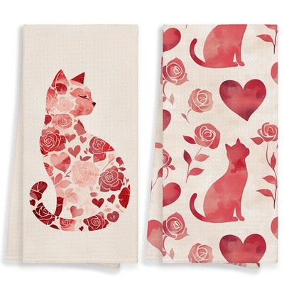Cat Kitchen Towels Set of 2, Cat Gifts for , Red Hearts Floral Hand Towel for...
